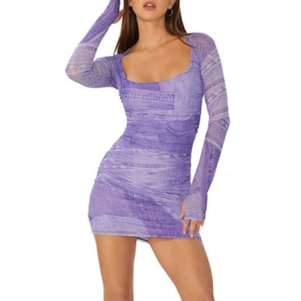 AFRM Leona Dress Ruched Long Sleeve Knit Bodycon Mini Purple Denim NWT XS